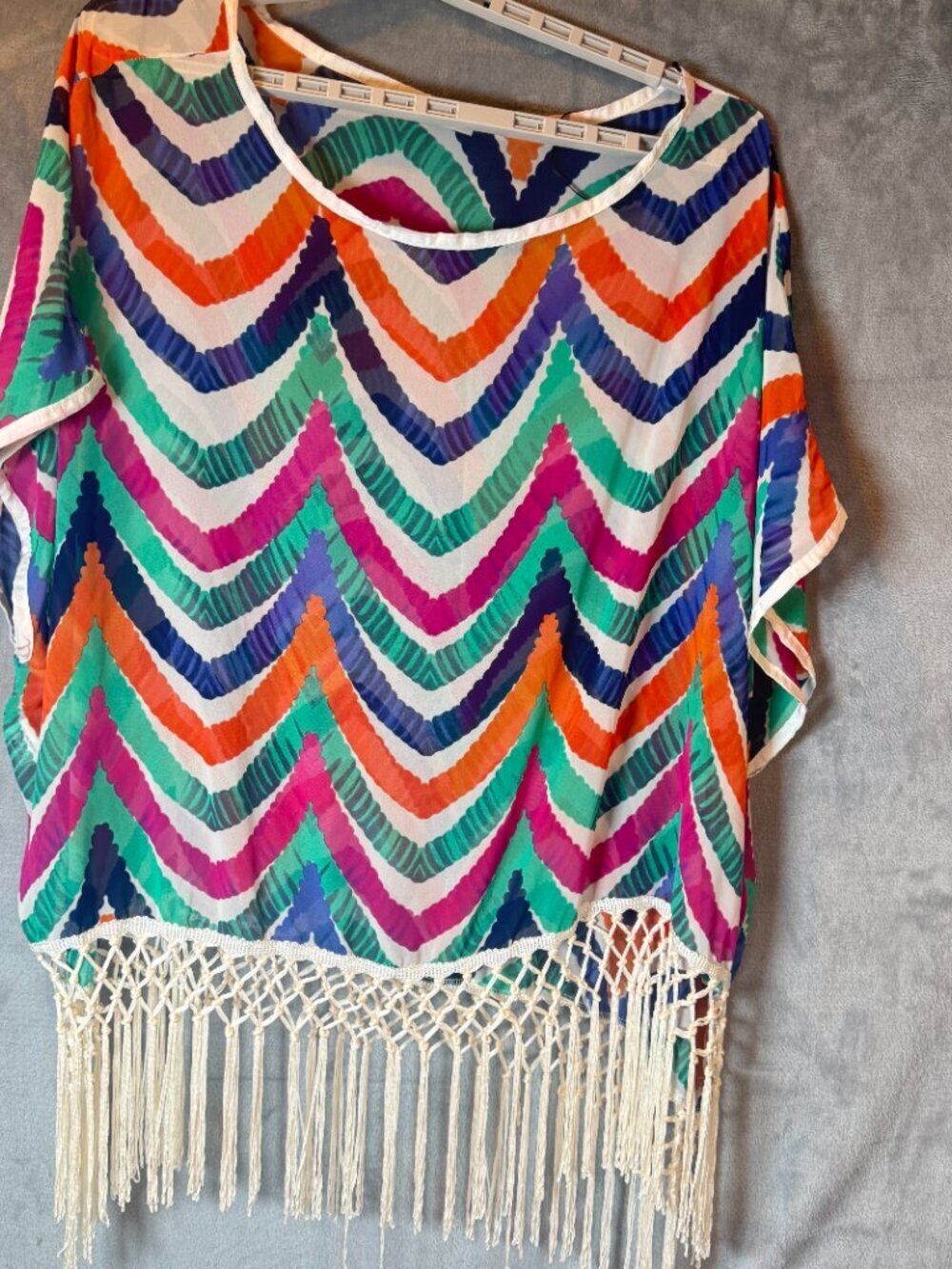 Boho Fringe Poncho, Top Multicolor Sheer ,Beach Cover Up, Resort Wear, One Size - Picture 3 of 7